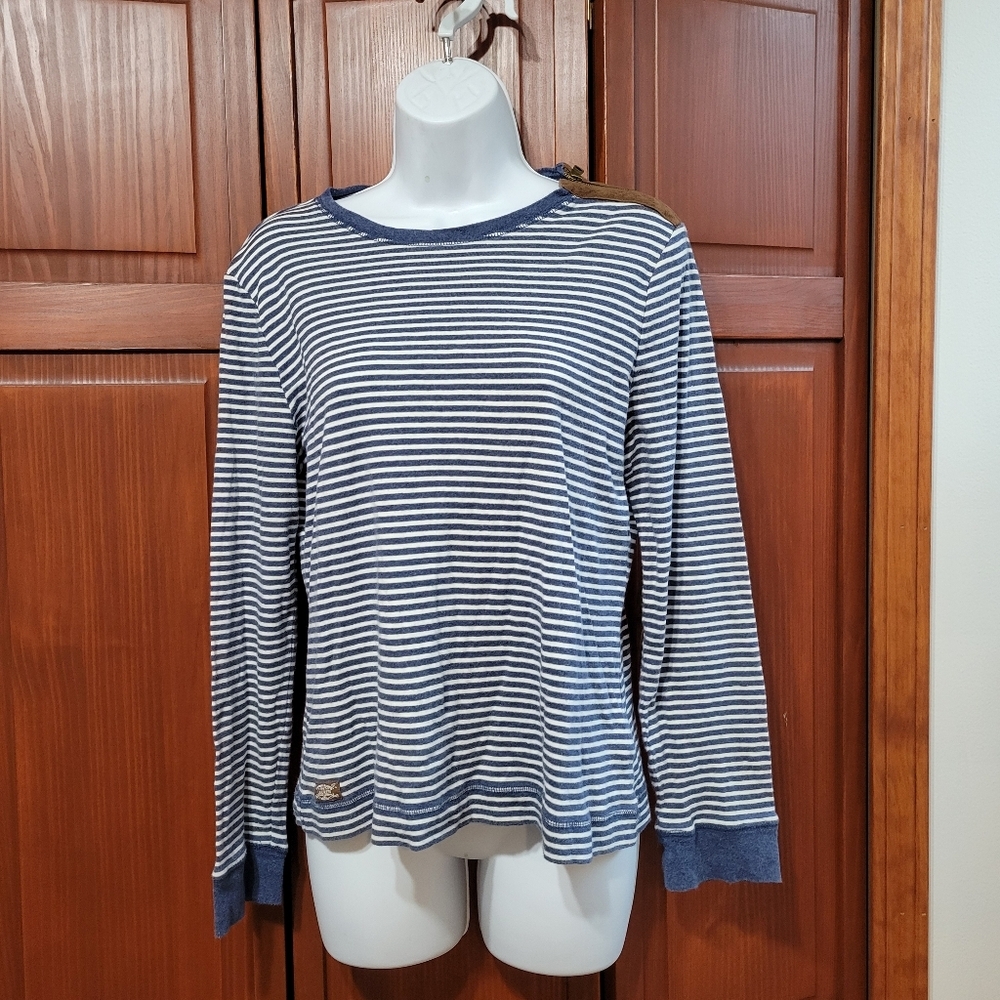 Lauren Ralph Lauren Suede Patches Zipper Detail Striped Top nautical | Size XL